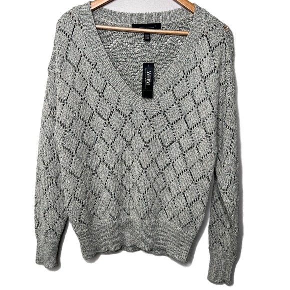 White House Black Market NWT Pointelle Marled Shimmer Knit V-Neck Sweater Size M - Picture 3 of 16
